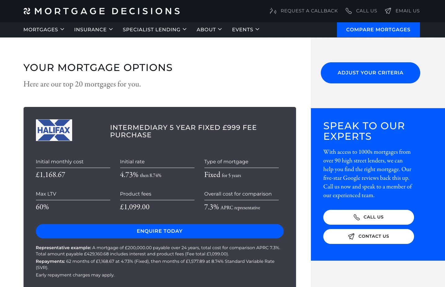 Mortgage Decisions desktop site
