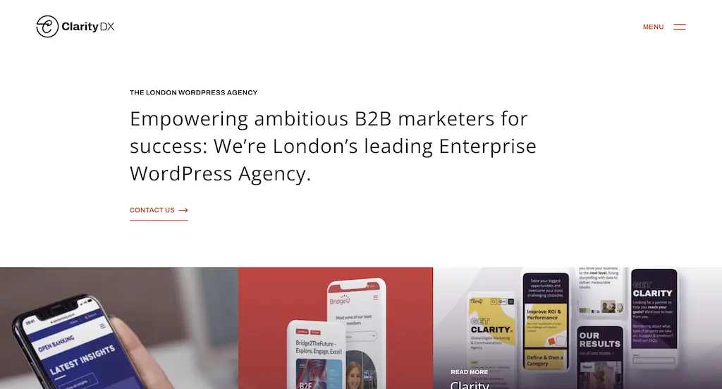 homepage of b2b wordpress leader claritydx